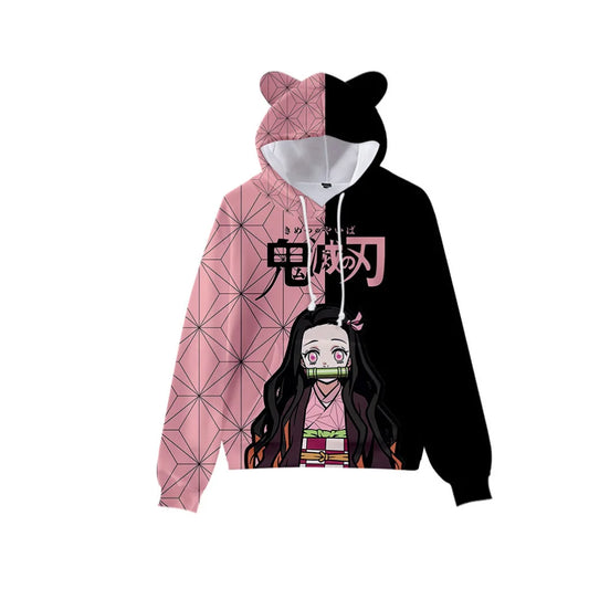 Demon Slayer Print Pullover Cute Cat Ears Hoodies