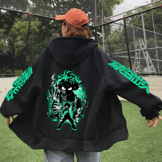 Midoriya Izuku My Hero Academia Anime Zipper Hoodies Loose Casual Fleece Sweatshirt Zip Up Jacket Coats