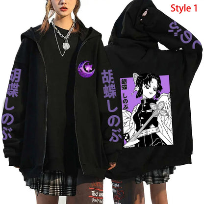 Kochou Shinobu Zipper Hoodies Kawaii Fashion Fleece Casual Long Sleeve Sweatshirt Coat