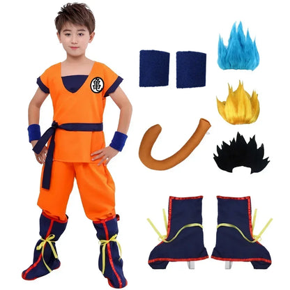 Son Goku  Anime Cosplay Costumes Tail  Wrister Wig Blue Gold Children Dress Up