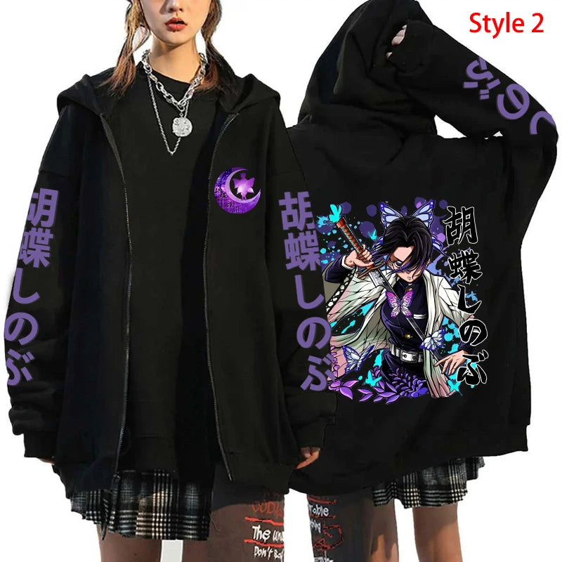 Kochou Shinobu Zipper Hoodies Kawaii Fashion Fleece Casual Long Sleeve Sweatshirt Coat