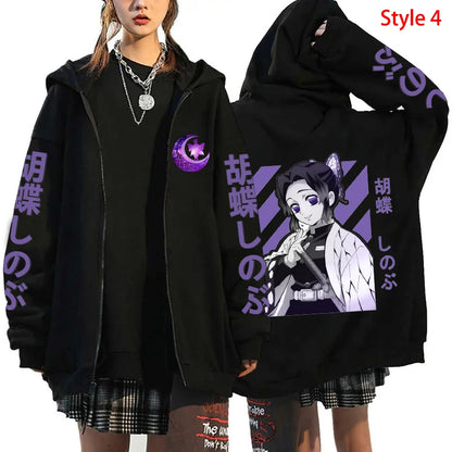 Kochou Shinobu Zipper Hoodies Kawaii Fashion Fleece Casual Long Sleeve Sweatshirt Coat