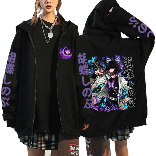 Kochou Shinobu Zipper Hoodies Kawaii Fashion Fleece Casual Long Sleeve Sweatshirt Coat